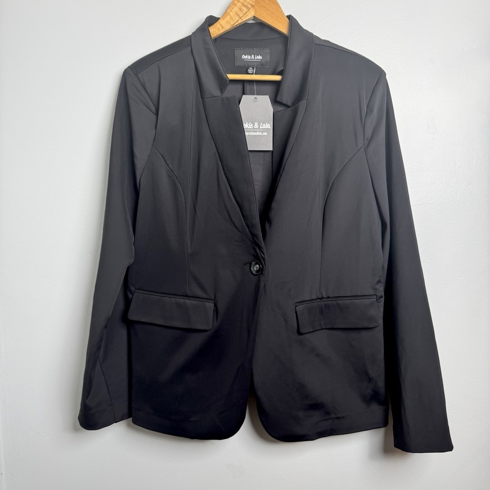 OOKIE & LALA Black Women's Sz XL inverted collar single button blazer NWT